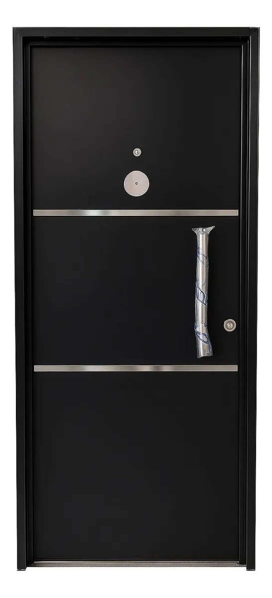 puerta inyectada negra ciega 80x200cm, 4 bisagras ,apliques de aluminio y barral